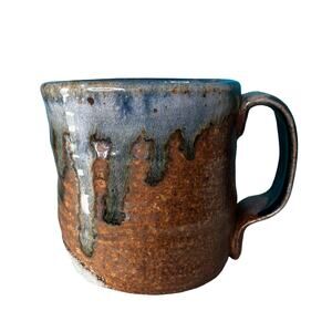 Studio Art Pottery Mug Handmade Square Blue Drips & Brown Glossy Artist Signed